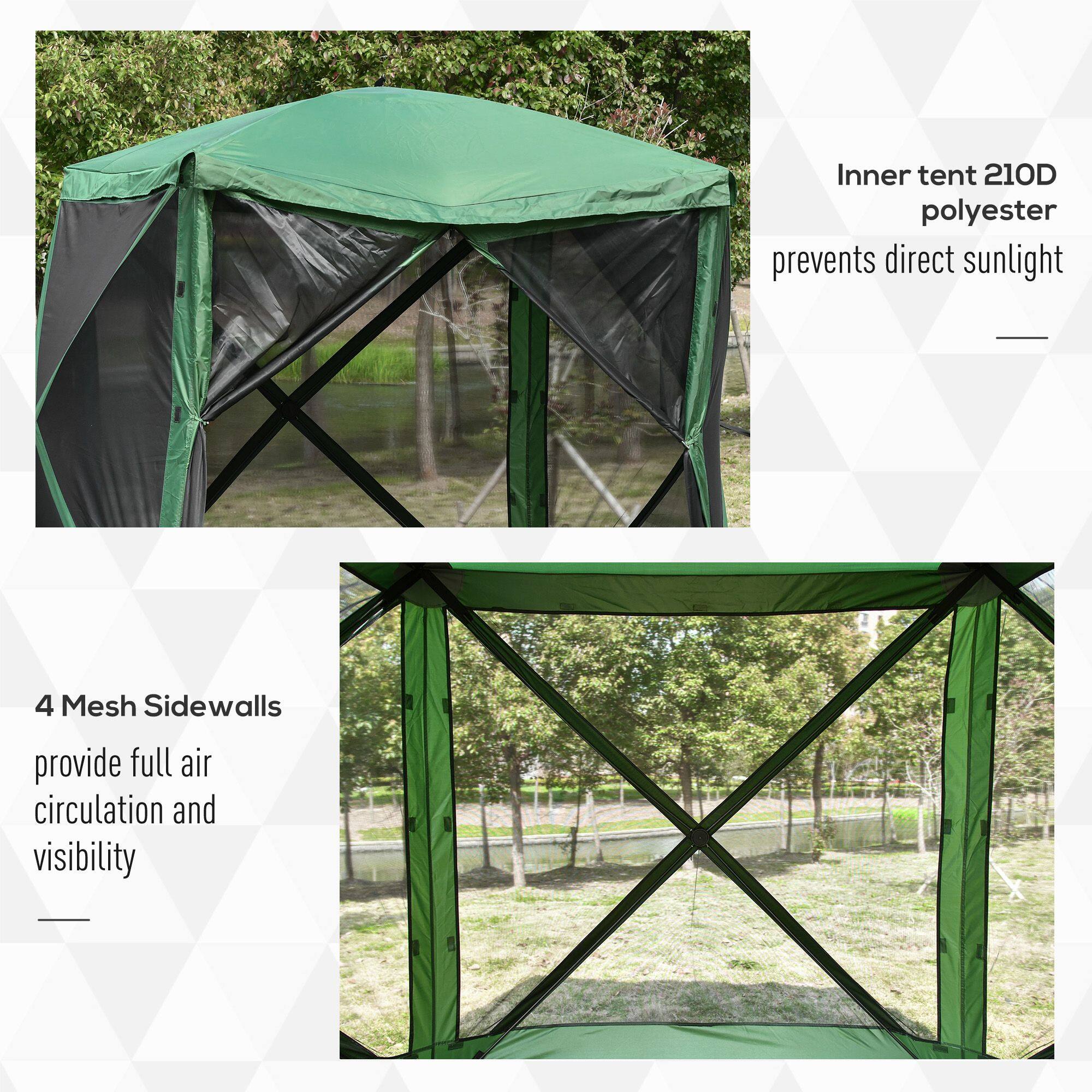 Inner tent 210D polyester prevents direct sunlight  
4 Mesh Sidewalls provide full air circulation and visibility