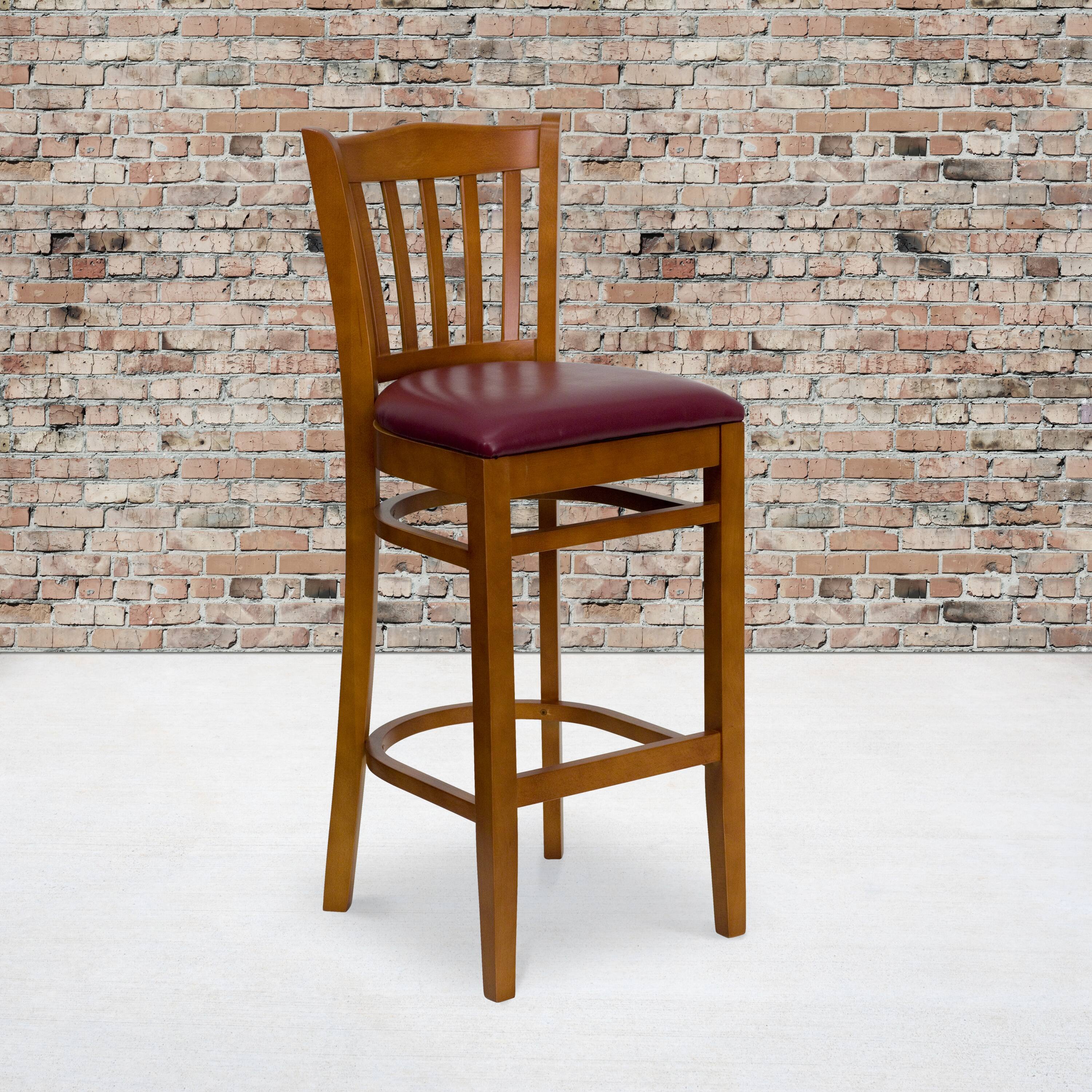 Alt View 1. Emma + Oliver - Vertical Slat Back Wooden Restaurant Dining Barstool - Burgundy Vinyl Seat/Cherry Wood Frame.