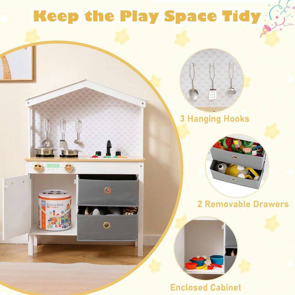 Keep the Play Space Tidy

- 3 Hanging Hooks
- 2 Removable Drawers
- Enclosed Cabinet