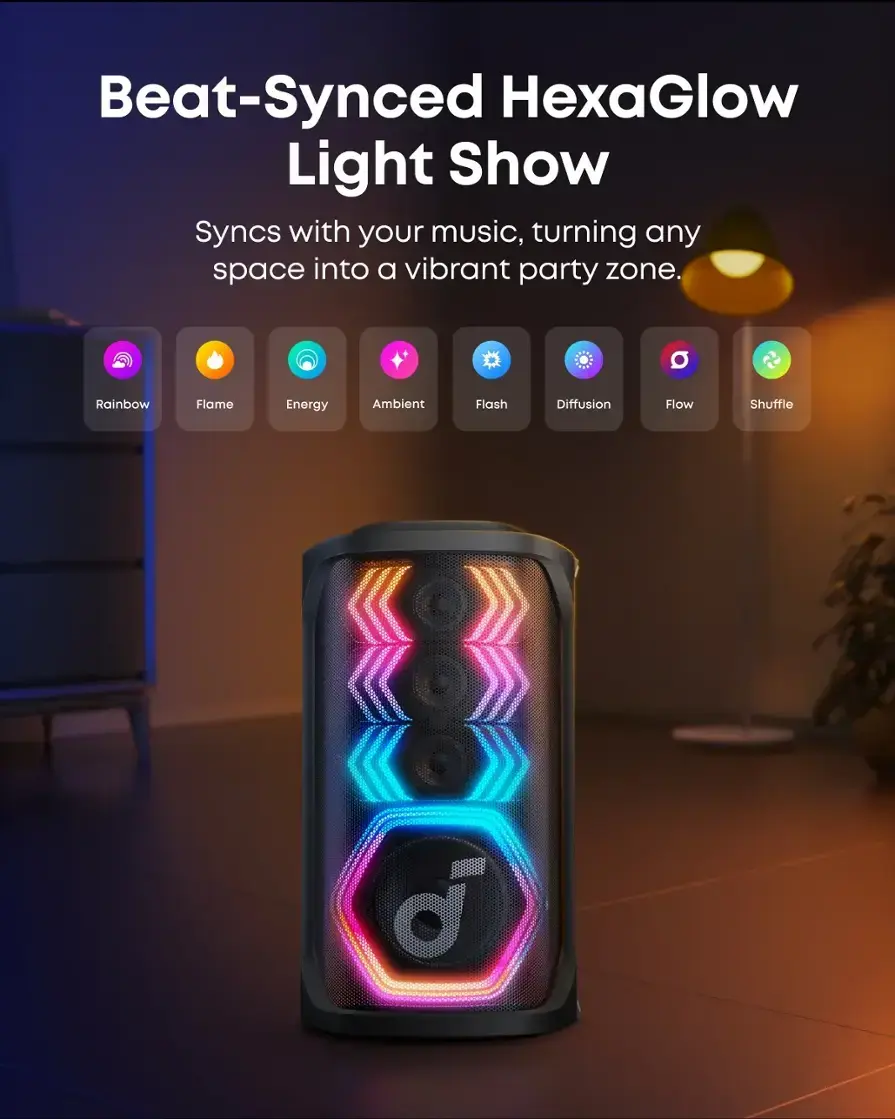 Beat-Synced HexaGlow Light Show Syncs with your music, turning any space into a vibrant party zone. Featuring a Rainbow Flame Energy Ambient Flash Diffusion Flow Shuffle.