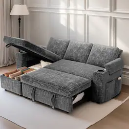 Dyonery - 82" Grey Chenille L Shaped Sectional Sleeper Sofa Bed with Pull Out Bed,Reclining Backrest,Reversible Storage Chaise - Gray