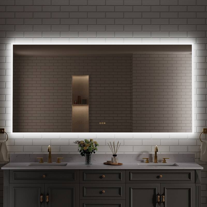 Left. WELLFOR - 84 inx42 in Frameless Bathroom Mirror with LED Lights & Anti-Fog, Wall-Mounted Bathroom  Vanity Mirrors with Dimmable - Chrome.