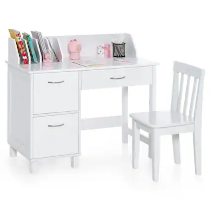 Front. Costway - Costway Kids Wooden Study Desk & Chair Writing Table w/Drawer Storage Cabinet - White.
