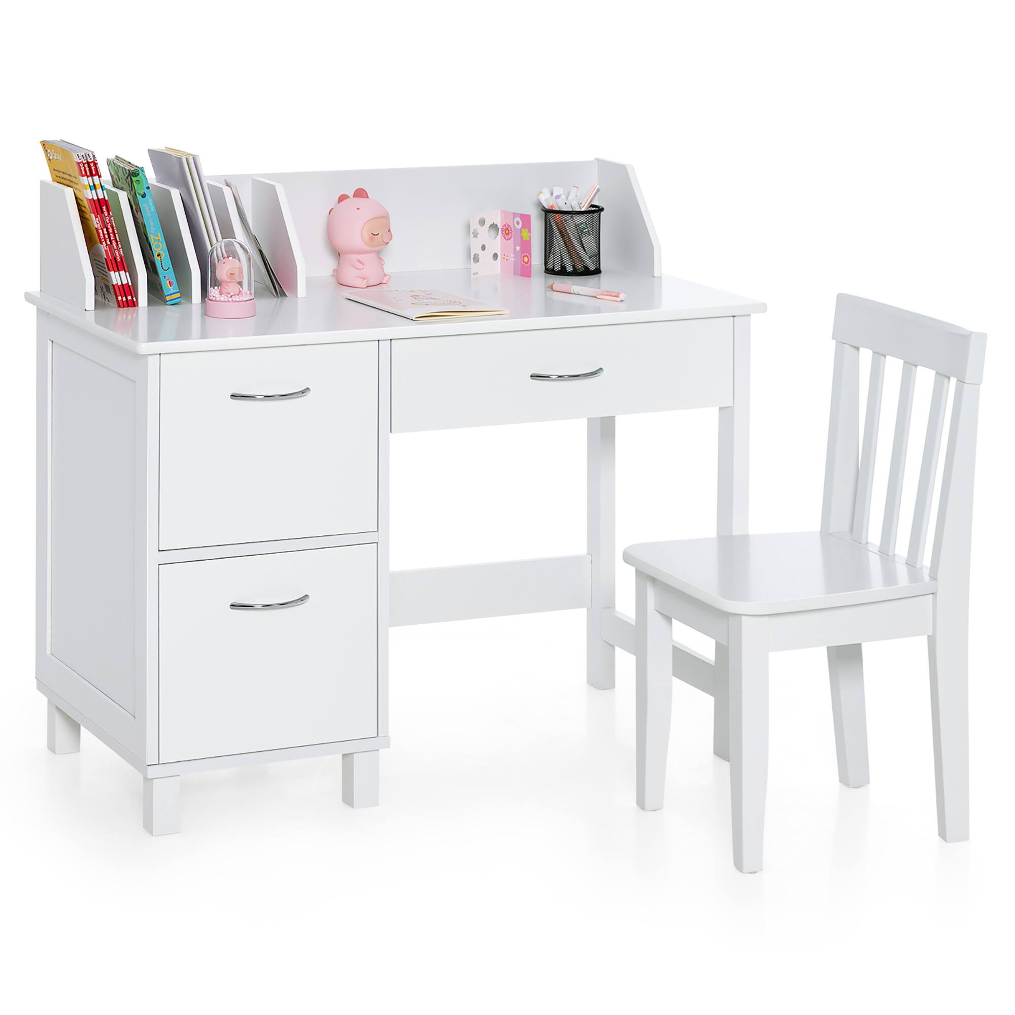 Front. Costway - Costway Kids Wooden Study Desk & Chair Writing Table w/Drawer Storage Cabinet - White.