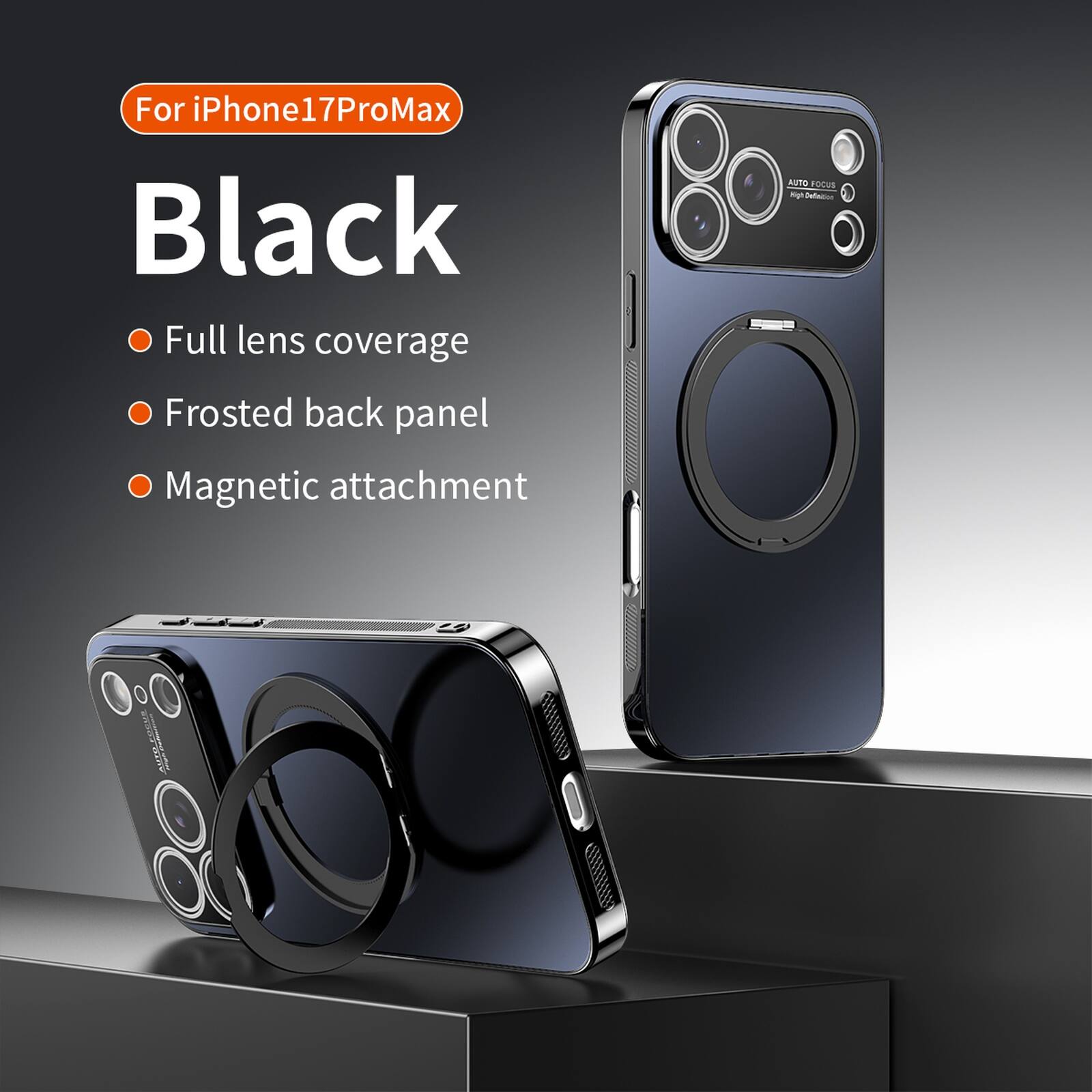For iPhone 17 Pro Max Black Full lens coverage Frosted back panel Magnetic attachment