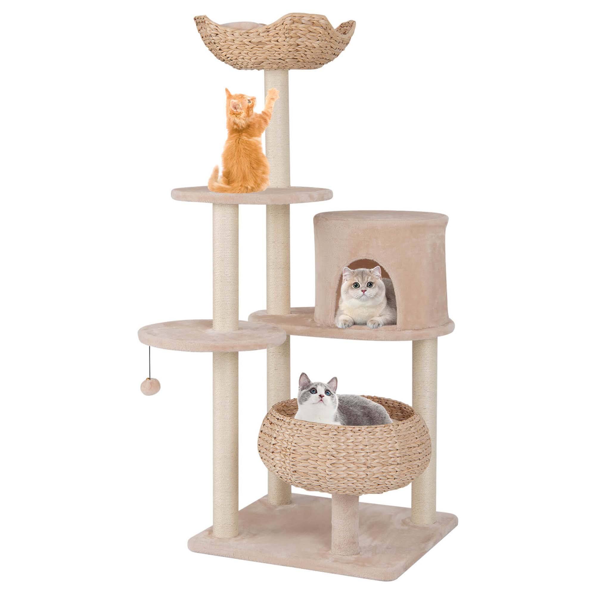 Costway - 58" Cattail Cat Tower with Sisal Scratching Posts Perch Basket Ball Condo - Beige,Natural