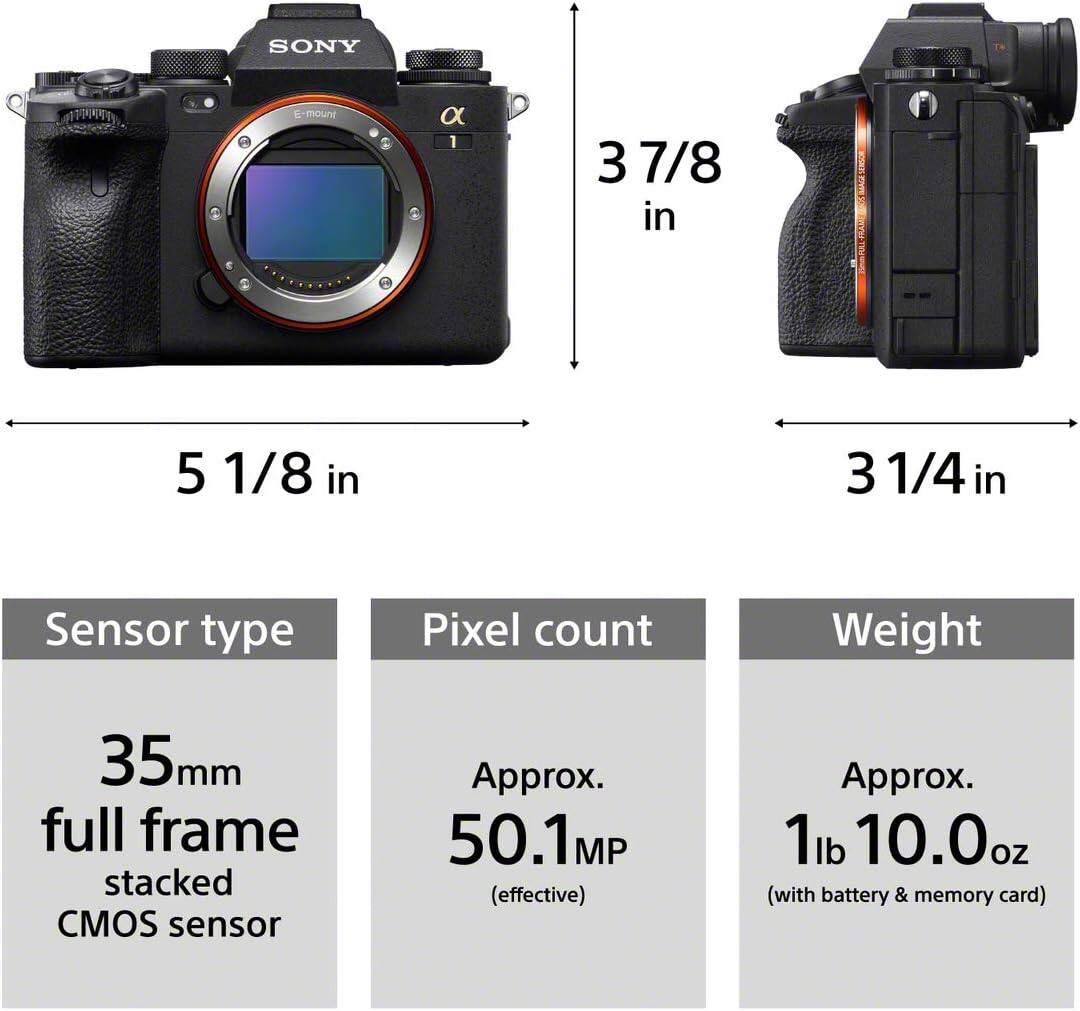 SONY E-mount  
- Width: 5 1/8 in  
- Height: 3 7/8 in  
- Depth: 3 1/4 in  

Sensor type: 35mm full frame stacked CMOS sensor  
Pixel count: Approx. 50.1 MP (effective)  
Weight: Approx. 1lb 10.0oz (with battery & memory card)