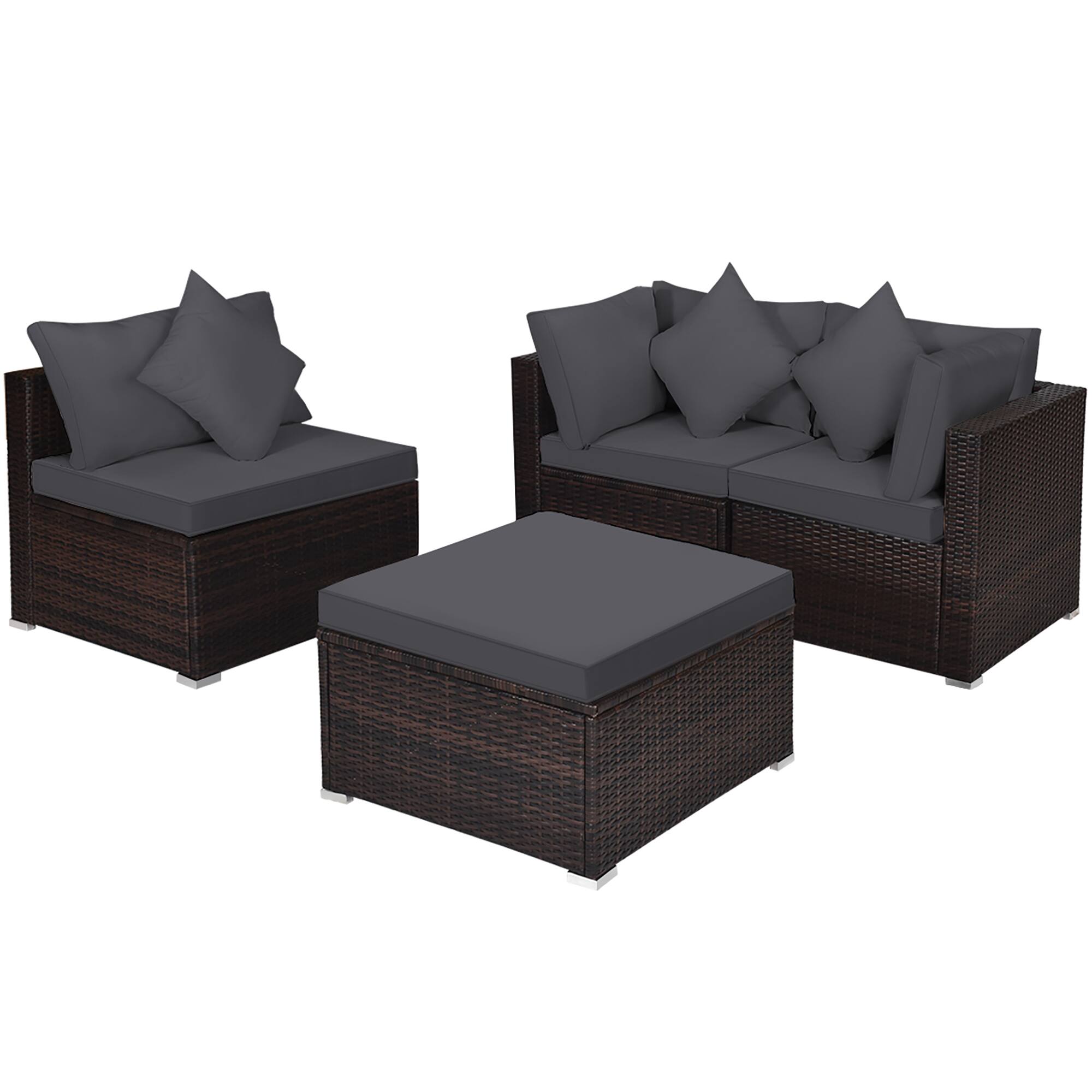 Front. Costway - 4PCS Patio Rattan Furniture Set Sofa Ottoman Cushion Garden Deck - Grey.