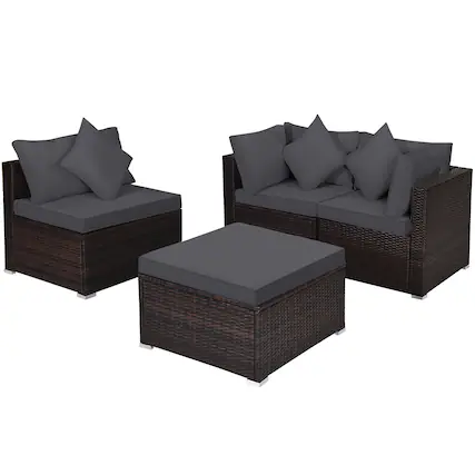 Front. Costway - 4PCS Patio Rattan Furniture Set Sofa Ottoman Cushion Garden Deck - Grey.