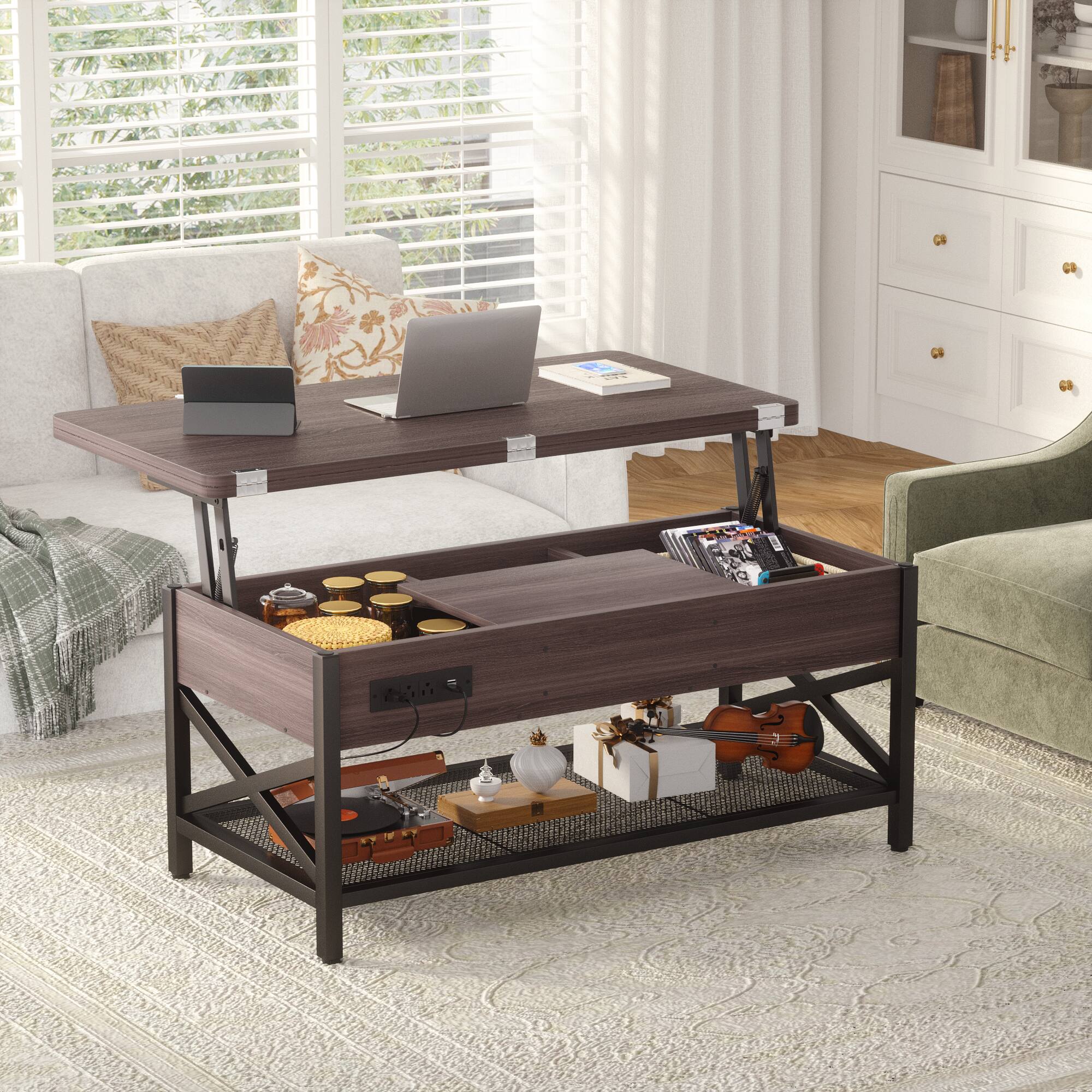Left. Aheaplus - Convertible Lift Top Coffee Table: LED Lights & Power Outlet, Multi-Function Center Table for Living Room - Black Walnut.