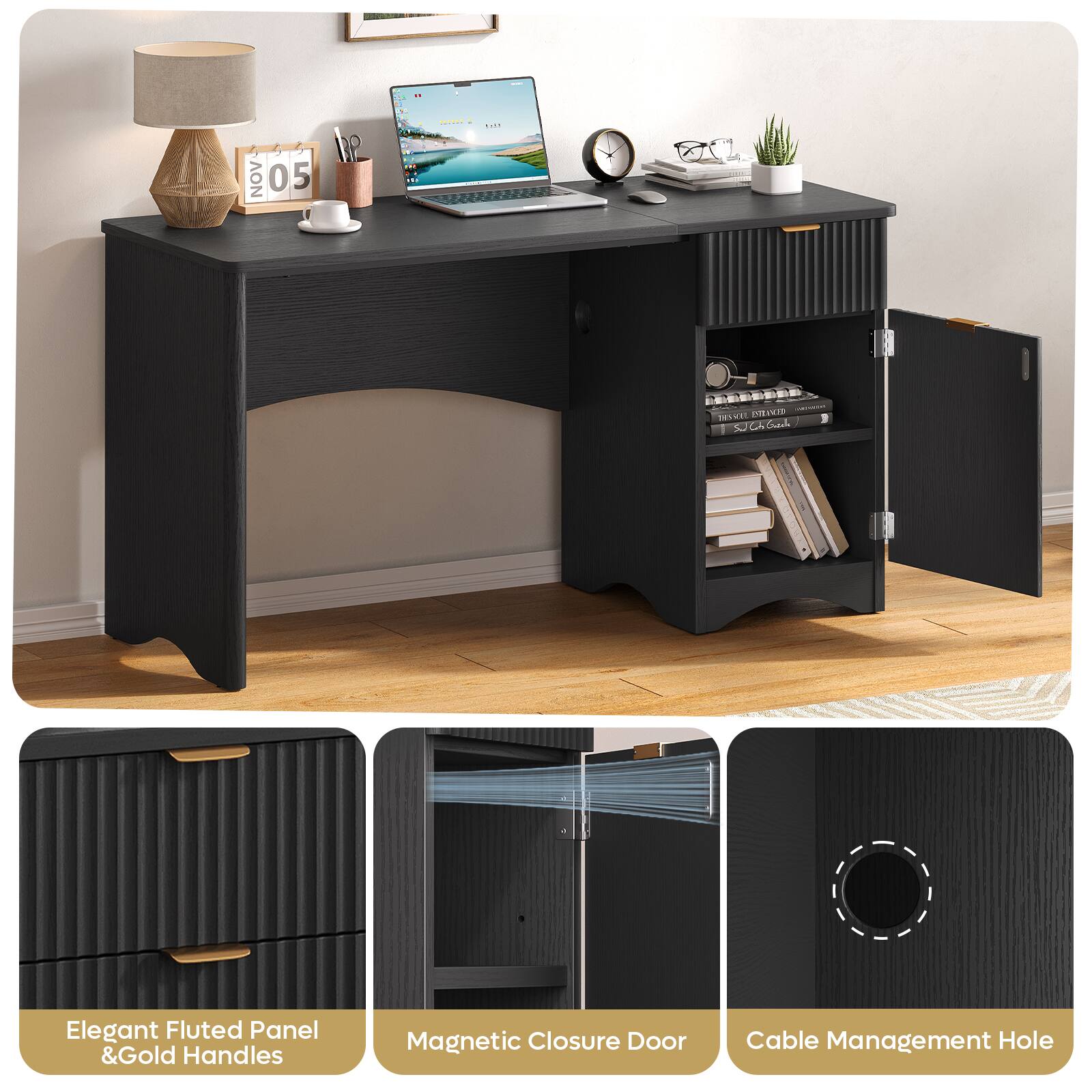 NOV 05 9 N .... E | RESMEL ~ PIIUO b Crah Elegant Fluted Panel &Gold Handles Magnetic Closure Door Cable Management Hole