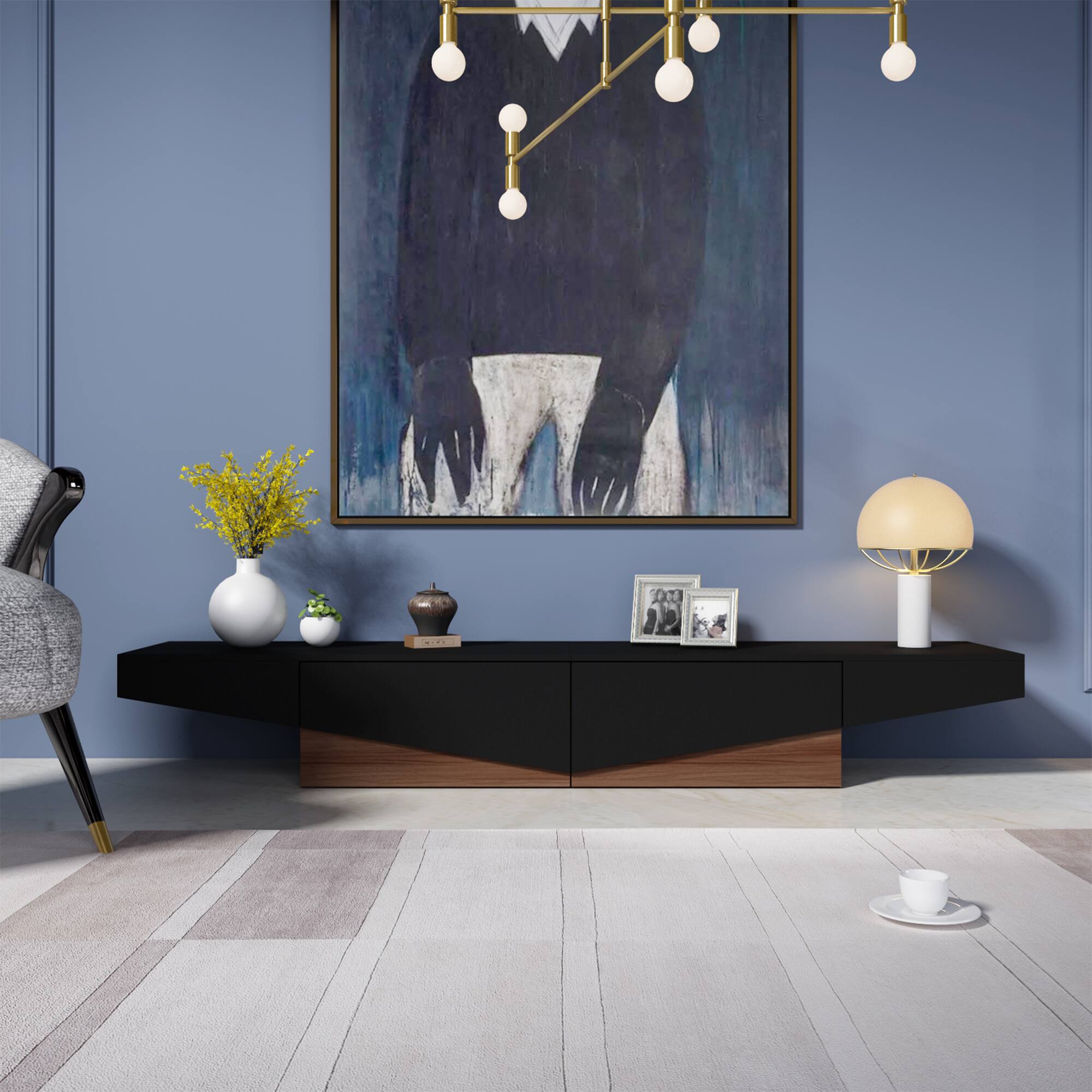 Angle. Famapy - Modern Geometric TV Stand with Storage Drawers, Artistic Media Console for Living Room, Entertainment Center - Black & Brown.