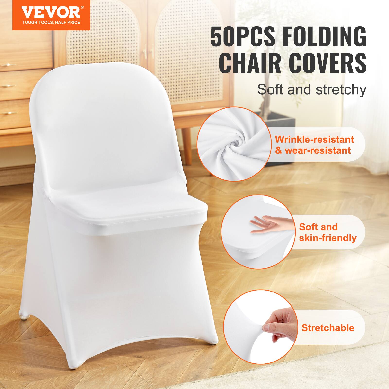VEVOR TOUGH TOOLS, HALF PRICE 50PCS FOLDING CHAIR COVERS Soft and stretchy Wrinkle-resistant & wear-resistant Soft and skin-friendly Stretchable