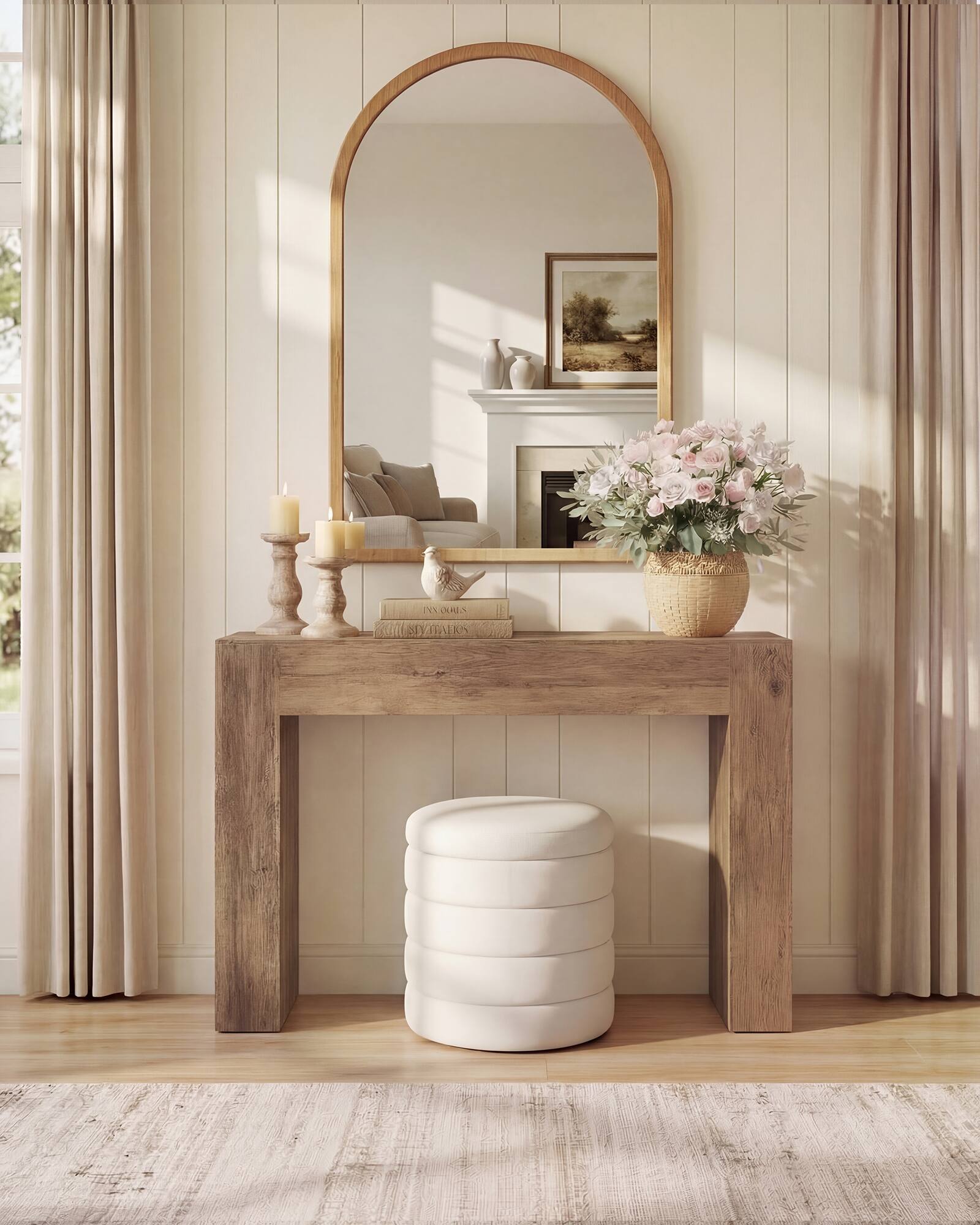 Left. Songmics Home - Entryway Table, Long Console Table, Thick Tabletop, Farmhouse Style, for Hallway, Behind the Couch, Living Room, Foyer - Honey Brown.