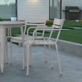Emma + Oliver - Rennes Powder Coated Steel Stacking Dining Chair with Arms and 2 Slat Back for Indoor-Outdoor Use - Silver
