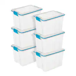 Sterilite - 20 Quart Gasket Box, Stackable Storage Bin with Latching Lid, 6 Pack - Clear with Blue Aquarium Gasket