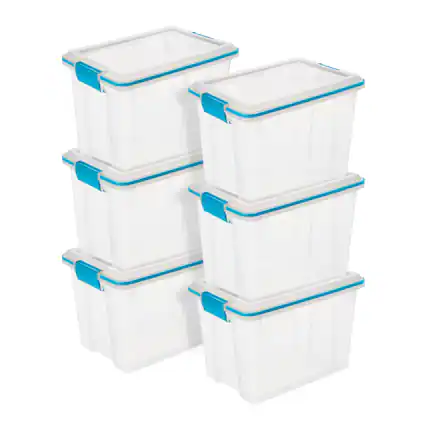 Front. Sterilite - Sterilite 20 Quart Gasket Box, Stackable Storage Bin with Latching Lid, 6 Pack - Clear with Blue Aquarium Gasket.
