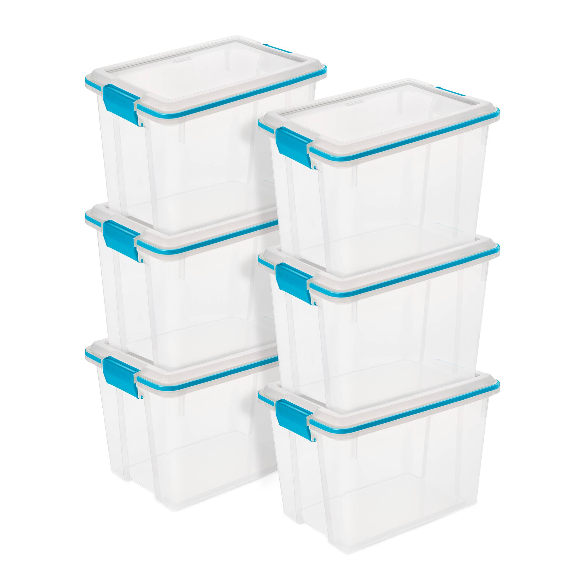 Front. Sterilite - Sterilite 20 Quart Gasket Box, Stackable Storage Bin with Latching Lid, 6 Pack - Clear with Blue Aquarium Gasket.