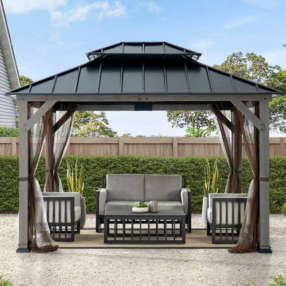 Alt View 1. SUNJOY - 10 ft. x 12 ft. Cedar Wood Gazebo with Galvanized Steel Roof - Gray.