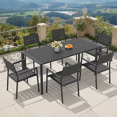 Left. Crestlive Products - Crestlive Products 7pc Patio Dining Set Aluminum Rectangle Table 6 Stackable Stationary Chairs No Armrest - Black-7PC.