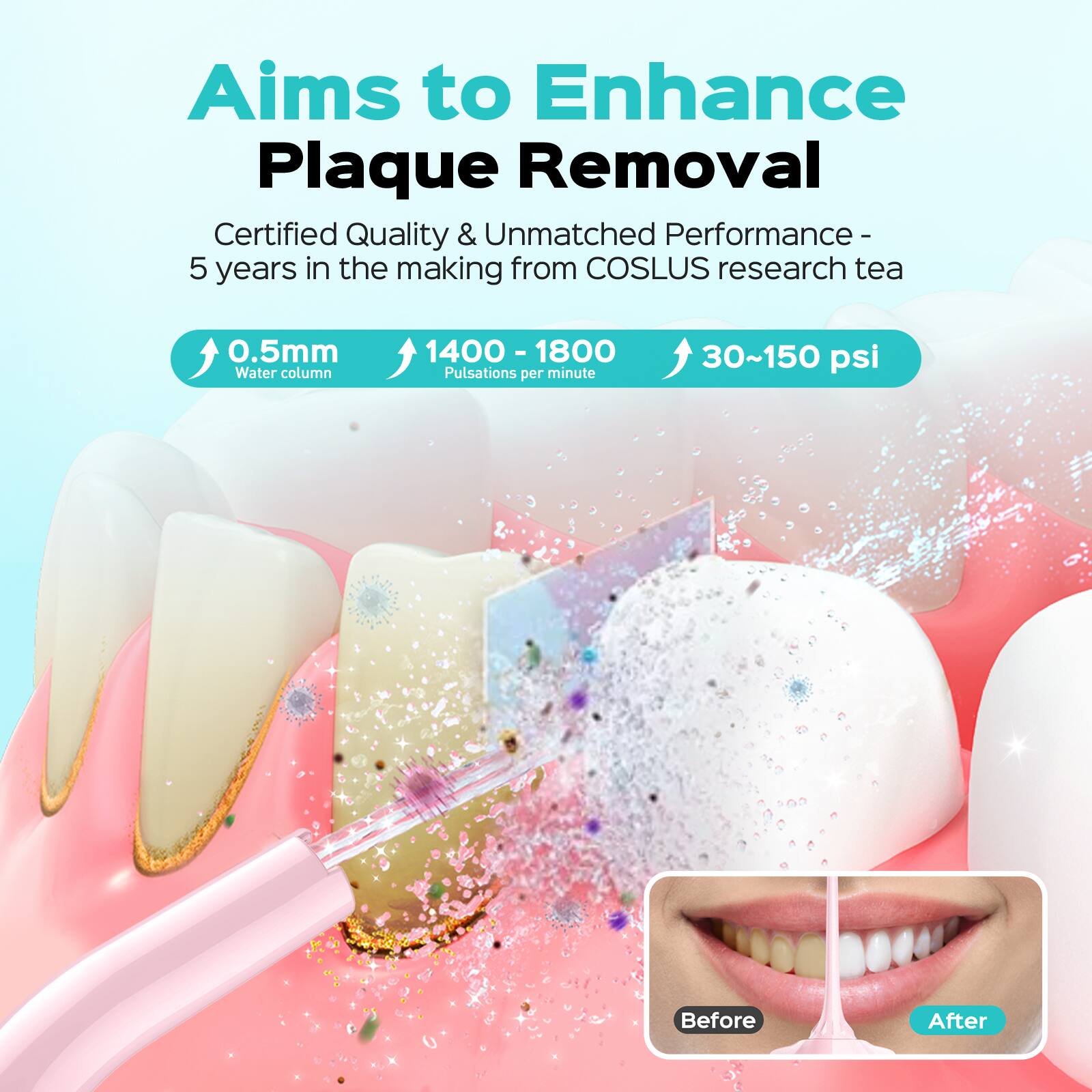 Aims to Enhance Plaque Removal  
Certified Quality & Unmatched Performance - 5 years in the making from COSLUS research team  
0.5mm Water column  
1400 - 1800 Pulsations per minute  
30~150 psi  

Before  
After