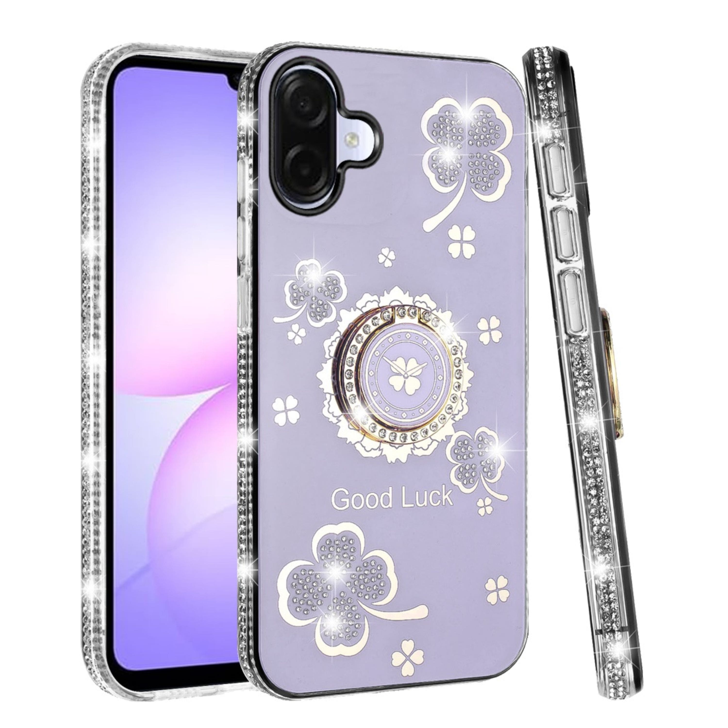 Kitcheniva - Crystal Studded Phone Case With Ring Stand Tempered Glass For Samsung Galaxy A07 - Purple