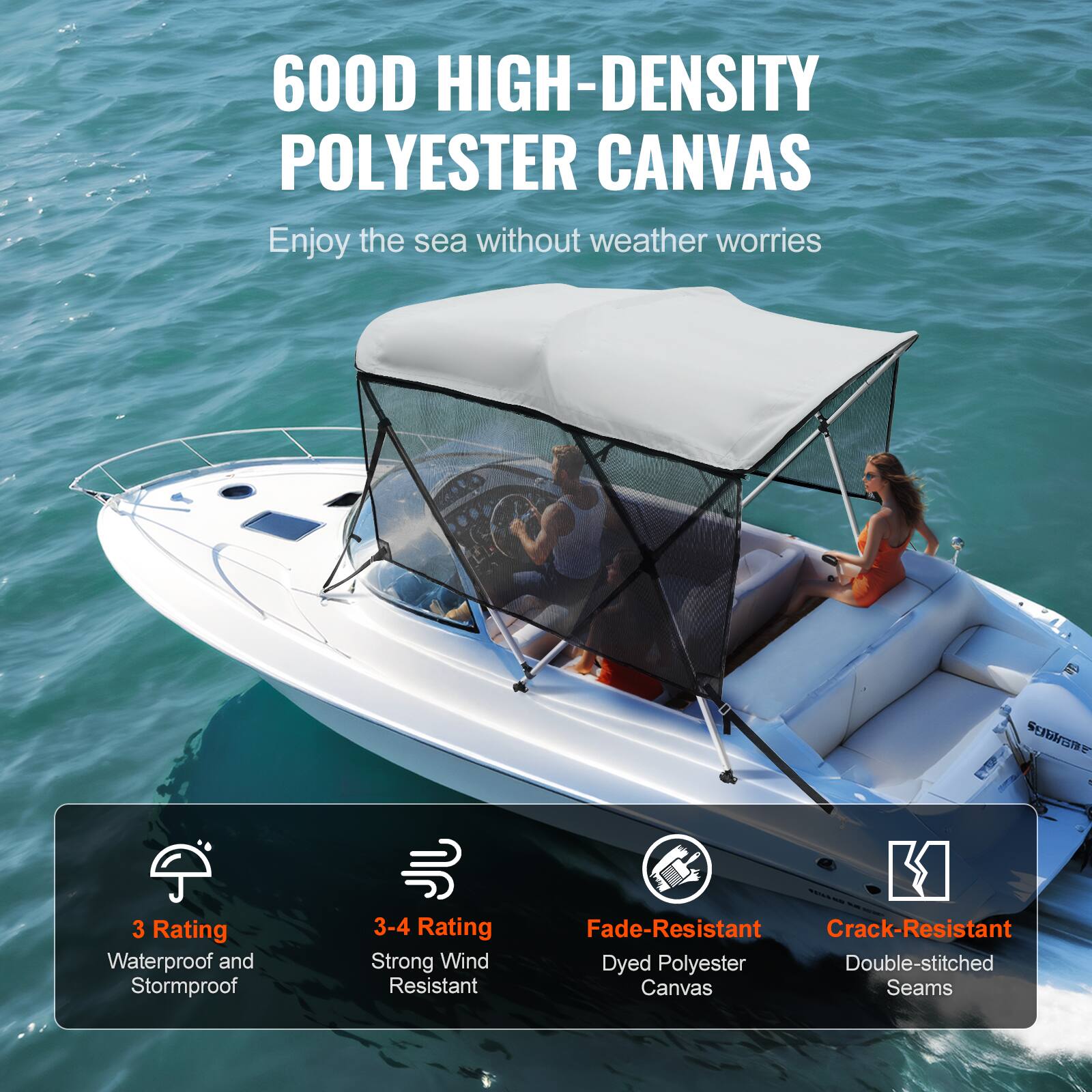 600D HIGH-DENSITY POLYESTER CANVAS  
Enjoy the sea without weather worries  

- 3 Rating  
  Waterproof and Stormproof  

- 3-4 Rating  
  Strong Wind Resistant  

- Fade-Resistant  
  Dyed Polyester Canvas  

- Crack-Resistant  
  Double-stitched Seams