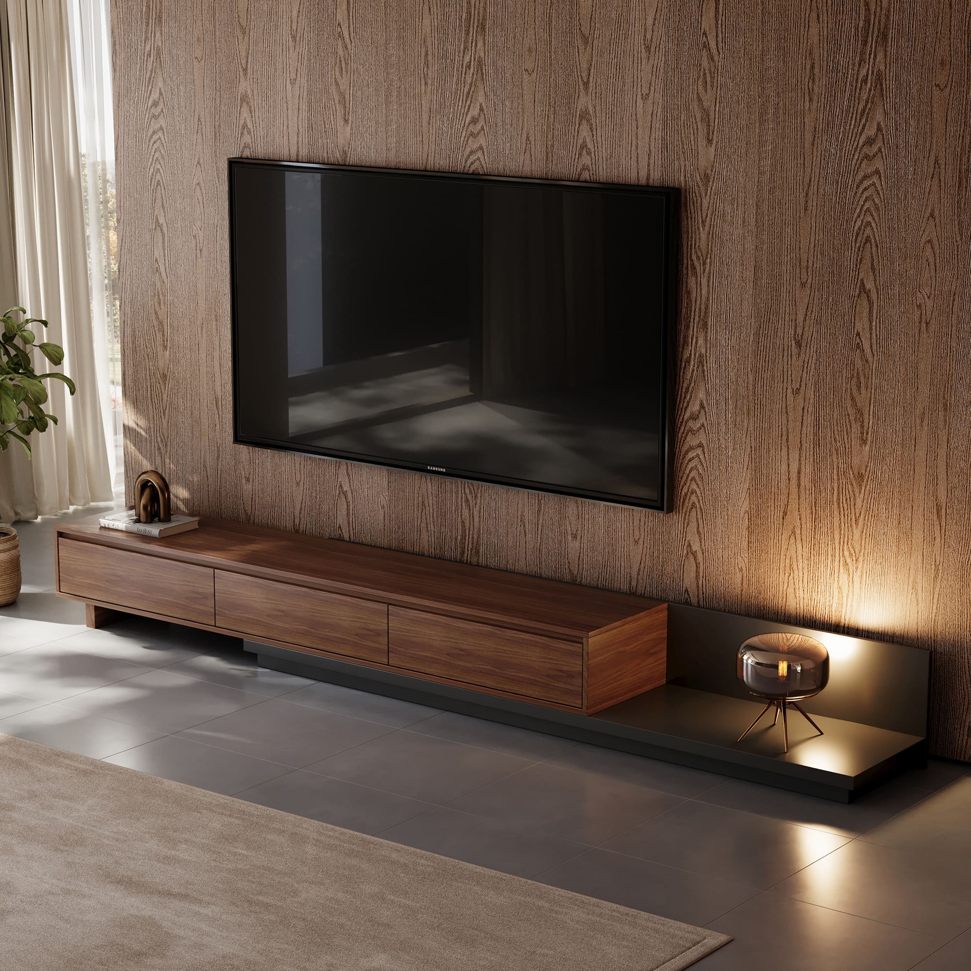 Front. luck idea - 78.7" Stretchable TV stand,tv console With a maximum width of 141.7" , Suitable for TVs up to 100 inches. - Walnut color.