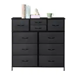 Oumilen - 10-Drawer Dresser with PVC Leather Fabric Drawers & Wood Top - Black