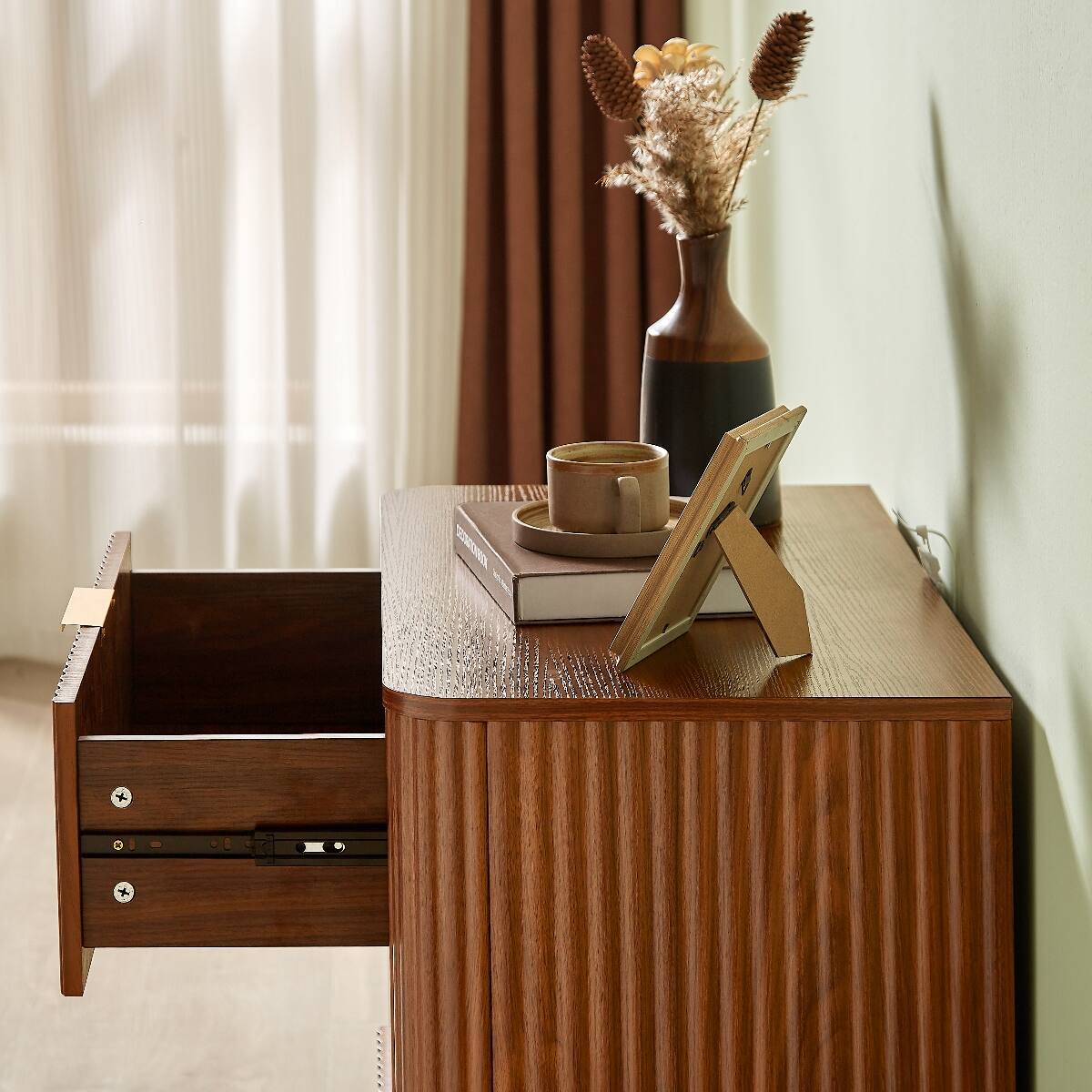 Alt View 3. Loheer - Loheer 3 Drawer Nightstand Set of 2, Walnut Nightstand, 23.6 Inch Wide Curved Wave Panels - Walnut.
