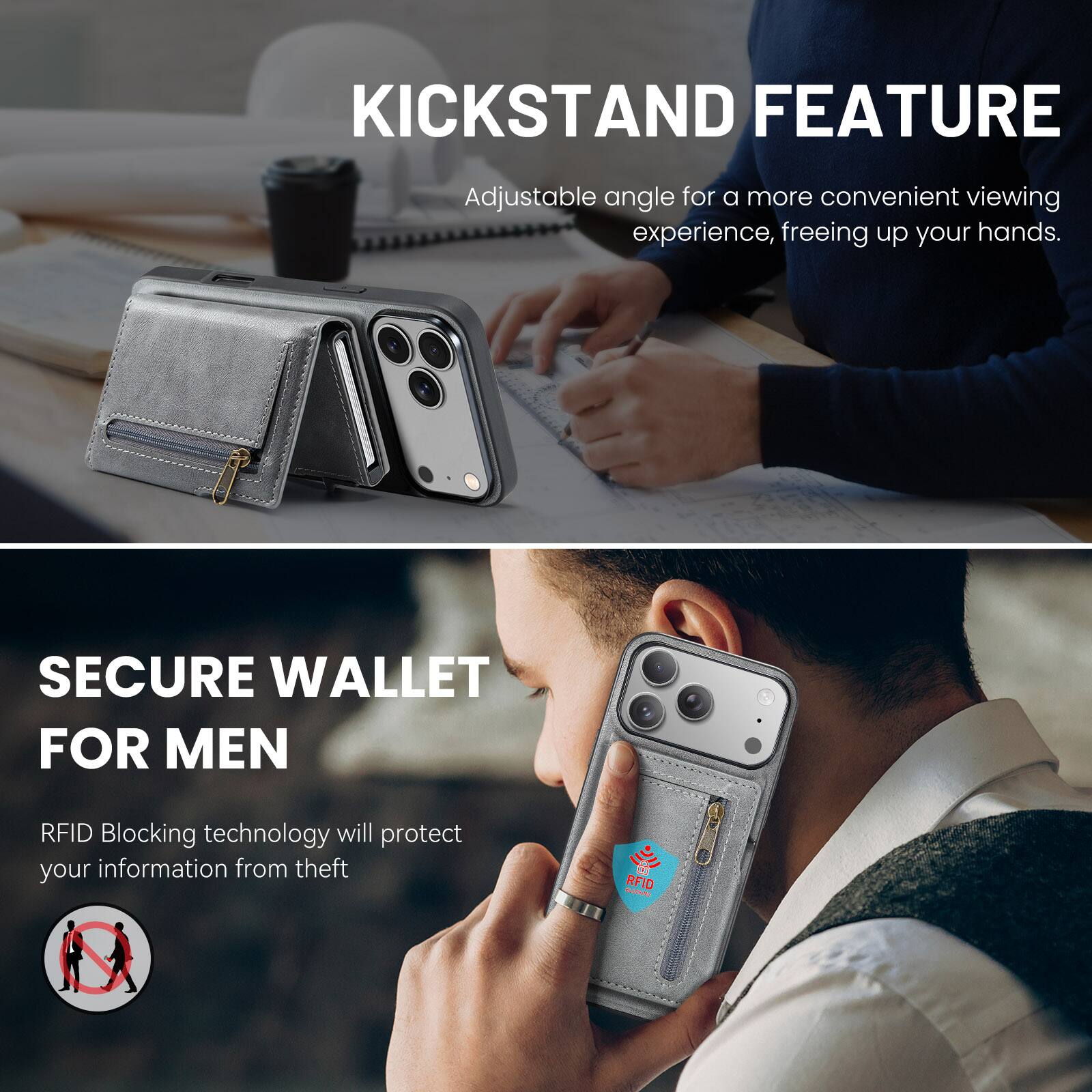 KICKSTAND FEATURE  
Adjustable angle for a more convenient viewing experience, freeing up your hands.  

SECURE WALLET FOR MEN  
RFID Blocking technology will protect your information from theft