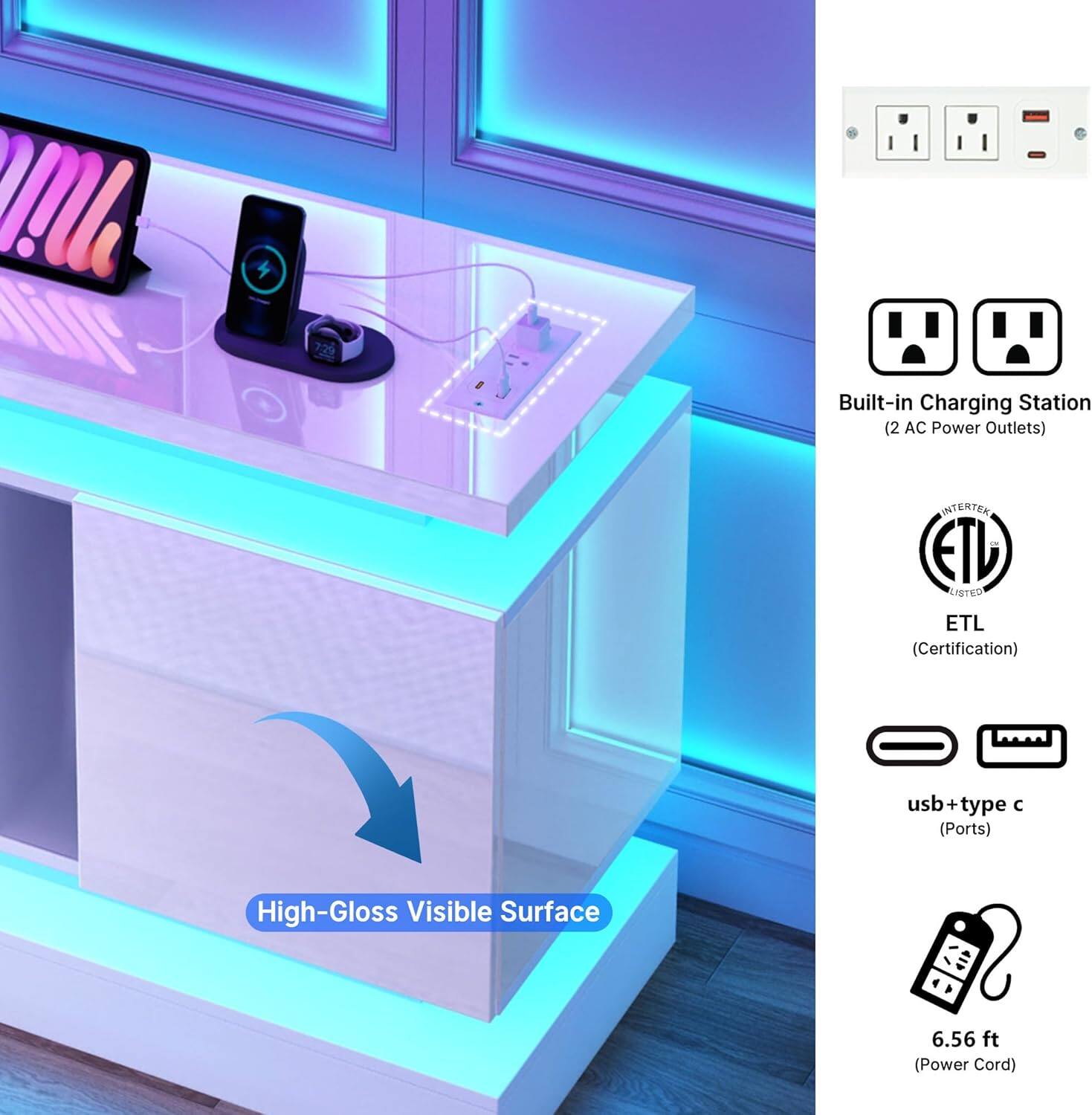 Ml mi 729 Built-in Charging Station (2 AC Power Outlets)  
INTERTEN ETD AF&TRD ETL (Certification)  
usb + type c (Ports)  
High-Gloss Visible Surface  
6.56 ft (Power Cord)