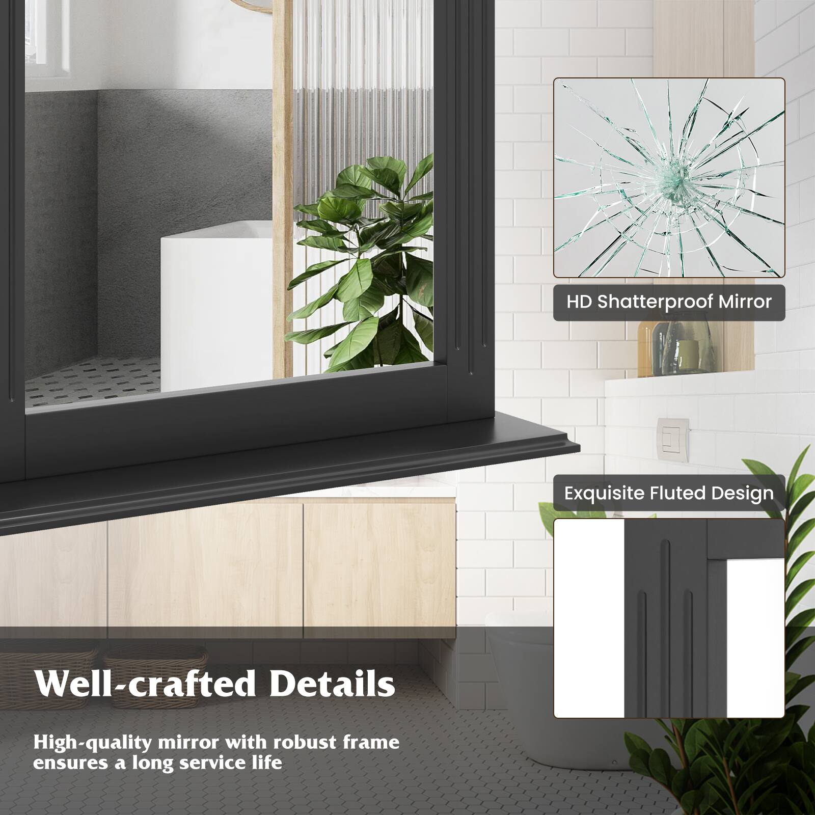 HD Shatterproof Mirror  
Exquisite Fluted Design  
Well-crafted Details  
High-quality mirror with robust frame ensures a long service life