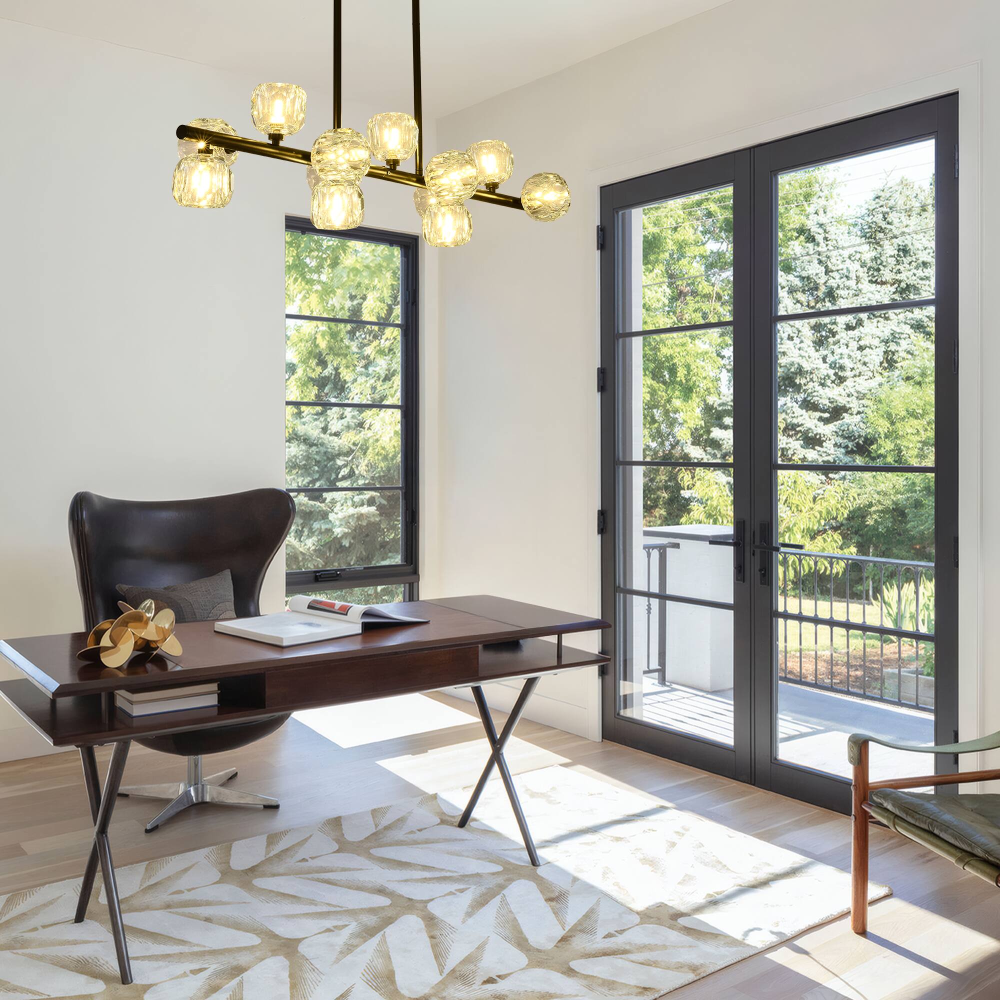 Alt View 2. RYHNUYNE - 12 Lights Black Kitchen Island Light Fixture,Linear Chandelier with Glass Lampshade,Large Rectangular Chandeliers - Black.