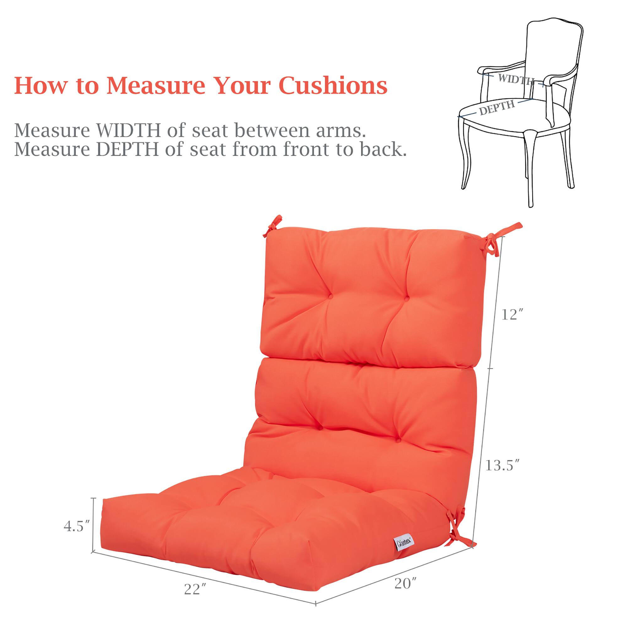 How to Measure Your Cushions

Measure WIDTH of seat between arms.  
Measure DEPTH of seat from front to back.

WIDTH DEPTH  
12" 13.5"  
4.5" Gates 22" 20"