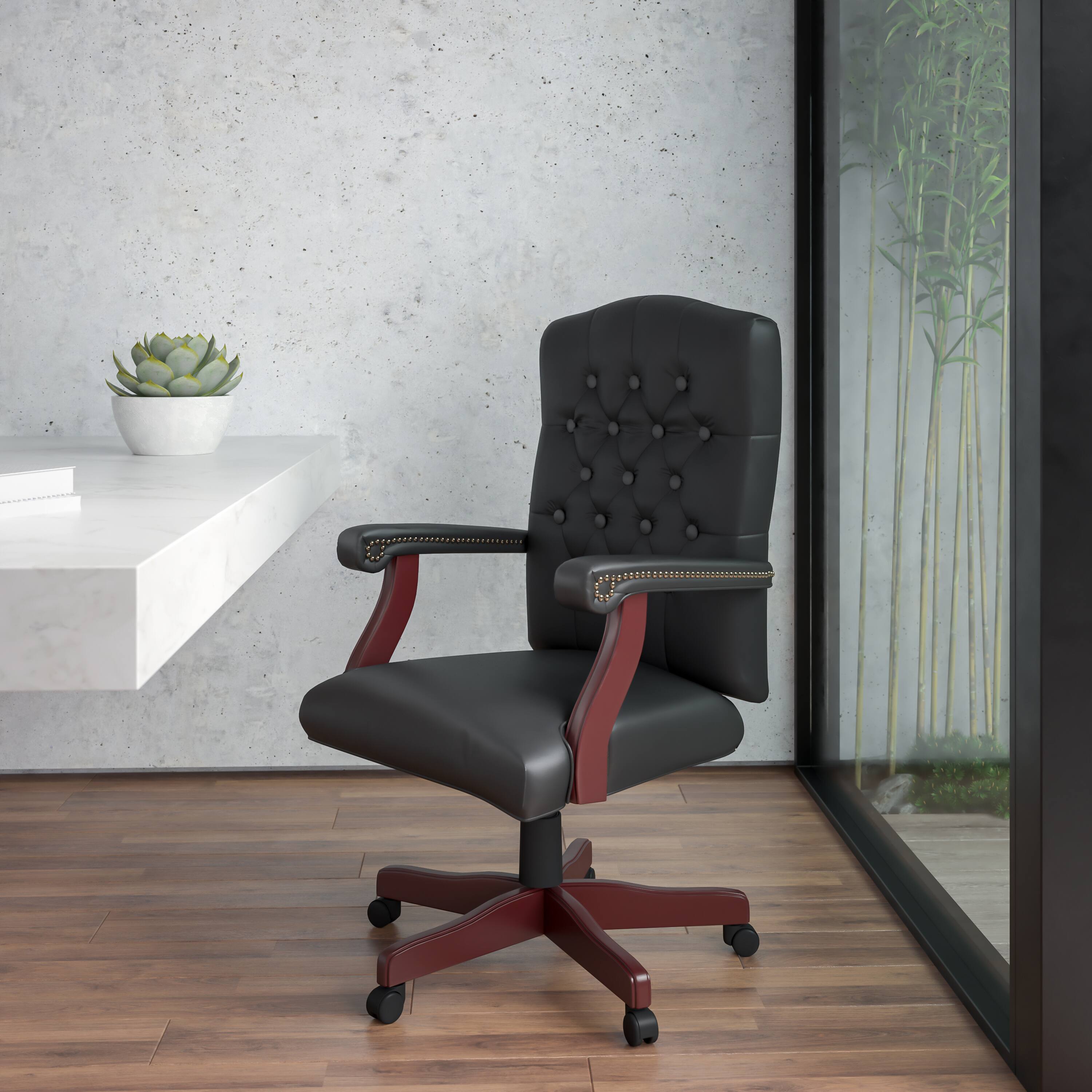 Alt View 1. Emma + Oliver - Martha Washington Executive Swivel Office Chair with Arms - Black LeatherSoft/Mahogany Frame.