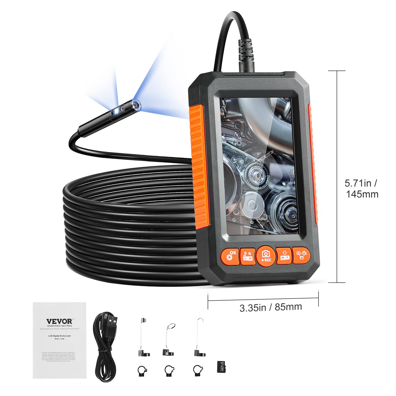 5.71in / 145mm  
3.35in / 85mm  

VEVOR  
LSD Digital Endoscope  

OK  
REC  
-5 VEVOR -