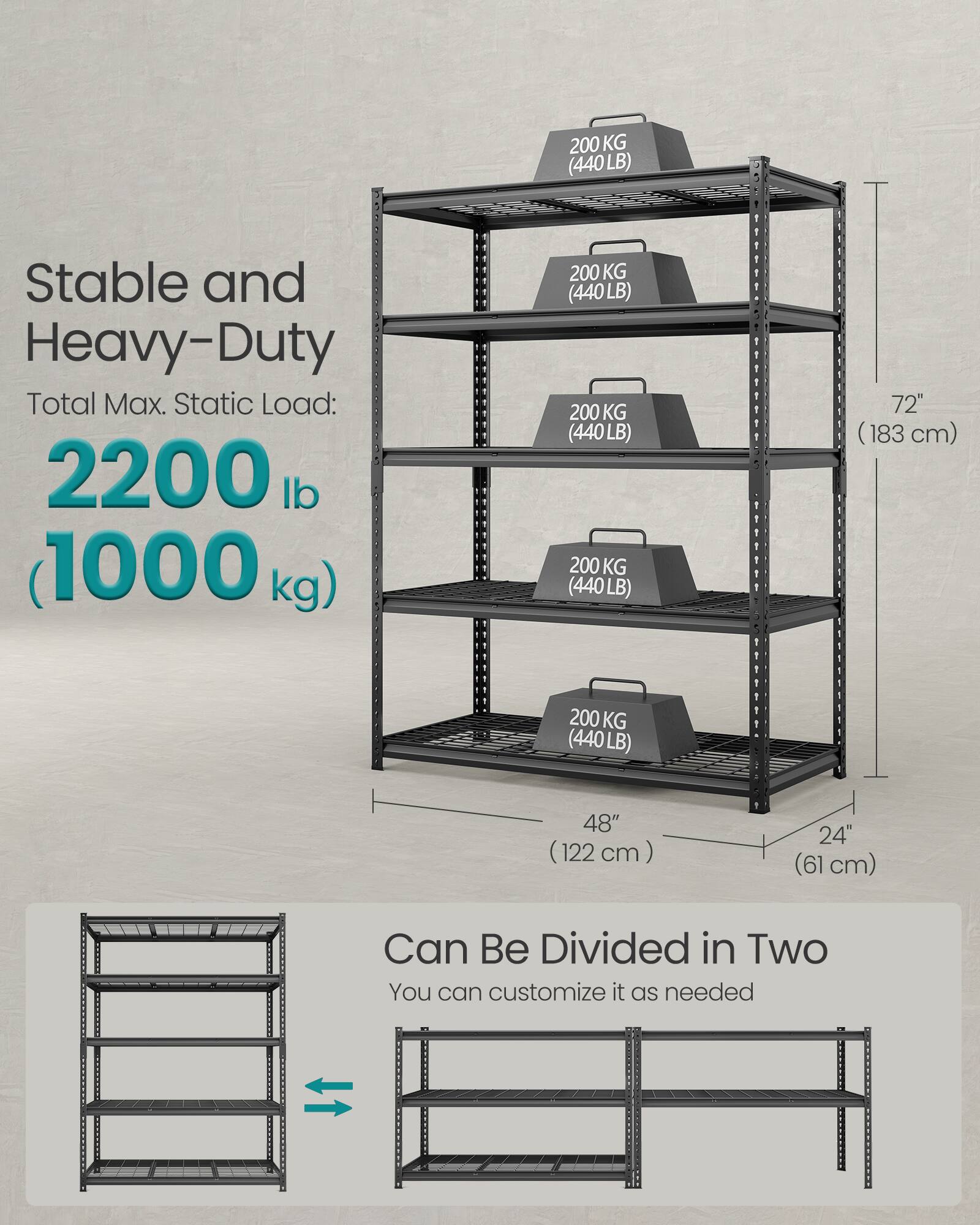 Stable and Heavy-Duty  
Total Max. Static Load:  
2200 lb (1000 kg)  

200 KG (440 LB)  
200 KG (440 LB)  
200 KG (440 LB)  
200 KG (440 LB)  
200 KG (440 LB)  

72" (183 cm)  
48" (122 cm)  
24" (61 cm)  

Can Be Divided in Two  
You can customize it as needed