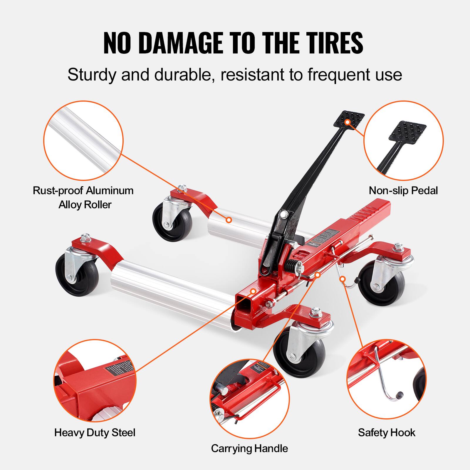 NO DAMAGE TO THE TIRES

Sturdy and durable, resistant to frequent use

- Rust-proof Aluminum Alloy Roller
- Non-slip Pedal
- Heavy Duty Steel
- Carrying Handle
- Safety Hook