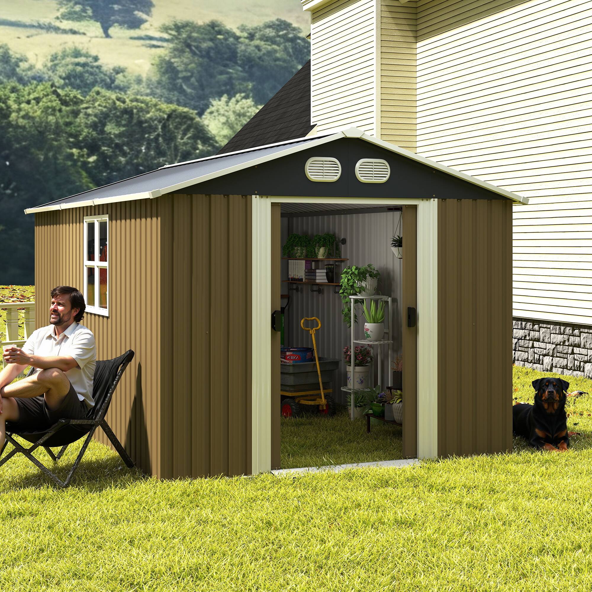 Angle. Anysun - 8x12ft Metal Storage Shed with Lockable Door & Ventilation, Heavy-Duty Outdoor Garden Tool Shed for Backyard or Lawn - Brown.