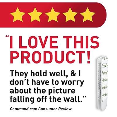 "I LOVE THIS PRODUCT! They hold well, & I don't have to worry about the picture falling off the wall."  
Command.com Consumer Review