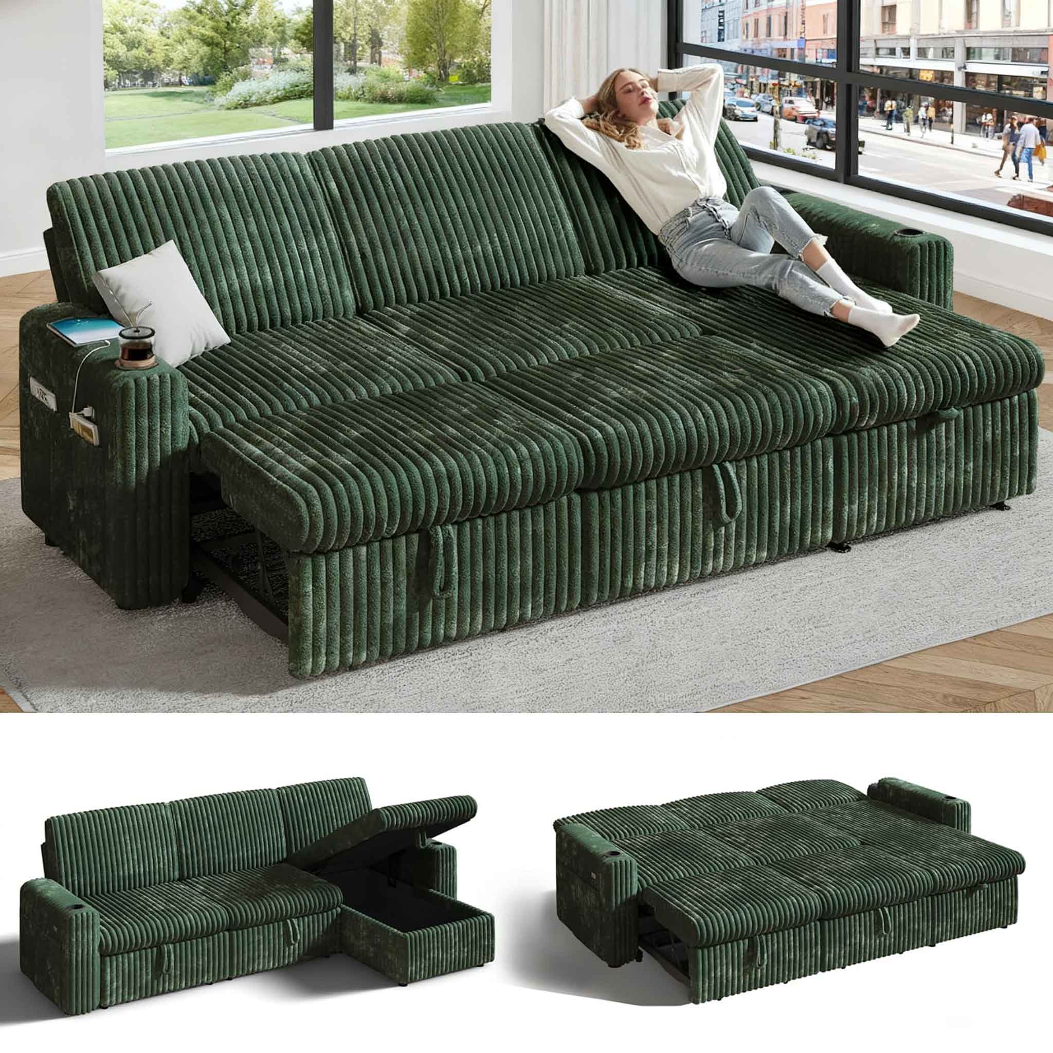 Vipbear - 101" Sectional Sleeper Sofa Bed with Pull Out Bed, L Shaped Couch Sleeper Sofa,Plush Corduroy Green - Green