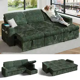 Vipbear - 101" Sectional Sleeper Sofa Bed with Pull Out Bed, L Shaped Couch Sleeper Sofa,Plush Corduroy Green - Green