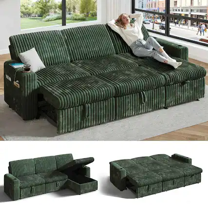 Front. Vipbear - Vipbear 101" Sectional Sleeper Sofa Bed with Pull Out Bed, L Shaped Couch Sleeper Sofa,Plush Corduroy Green - Green.