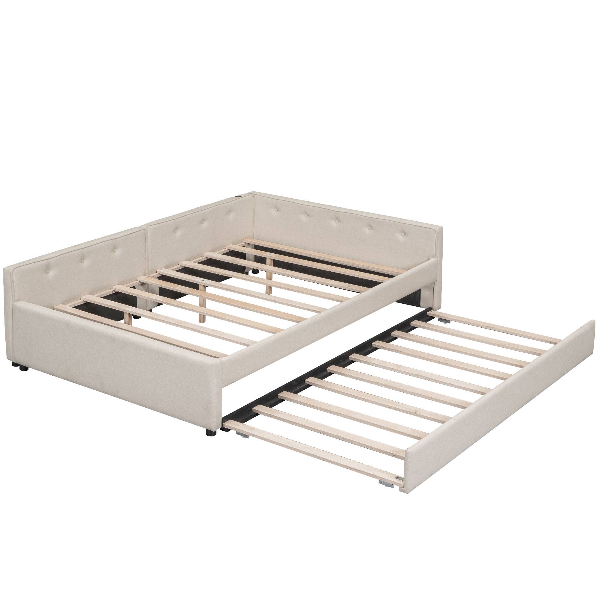 Alt View 1. LUCKY ONE - Full Size Upholstered Platform Bed with USB and Twin Size Trundle - Beige.