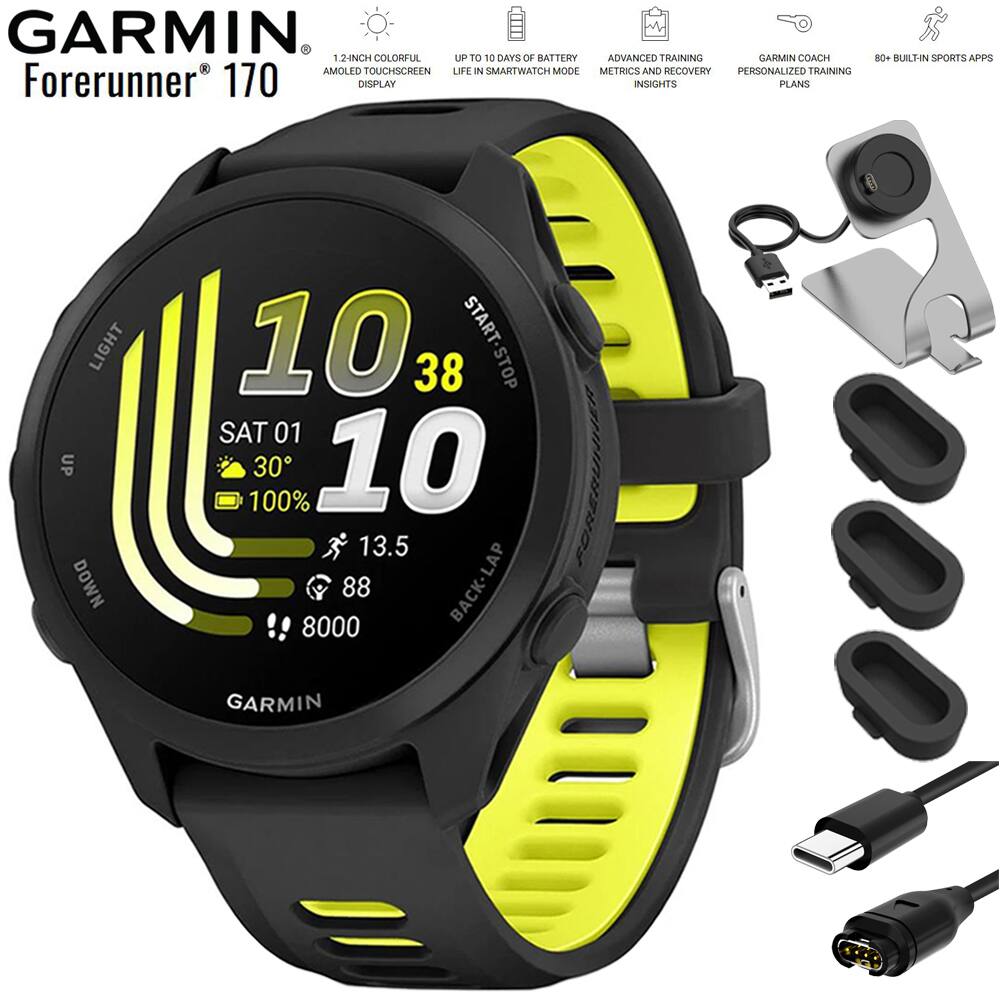 GARMIN Forerunner 170

1.2-inch colorful AMOLED touchscreen display

Up to 10 days of battery life in smartwatch mode

Advanced training metrics and recovery insights

Garmin Coach personalized training plans

80+ built-in sports apps

Light up/down

Start/stop

Back lap

100%

30°

100%

13.5

88

8000