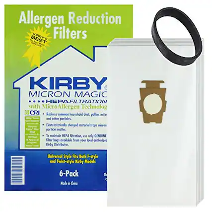 Allergen Reduction Filters
BEST KIRBY MICRON MAGIC HEPAFILTRATION with MicroAllergen Technology
Reduces common household dust, pollen, mites, and other particles.
Electrostatically charged material traps micron particle matter.
To maintain PA filtration, use only GENUINE filter bags available from your local authorized Kirby Distributor.
Universal Style Fits Both F-style and Twist-style Kirby Models
6-Pack
Made in China