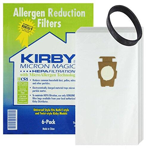 Allergen Reduction Filters  
BEST KIRBY MICRON MAGIC HEPAFILTRATION with MicroAllergen Technology  
Reduces common household dust, pollen, mites, and other particles.  
Electrostatically charged material traps micron particle matter.  
To maintain PA filtration, use only GENUINE filter bags available from your local authorized Kirby Distributor.  
Universal Style Fits Both F-style and Twist-style Kirby Models  
6-Pack  
Made in China