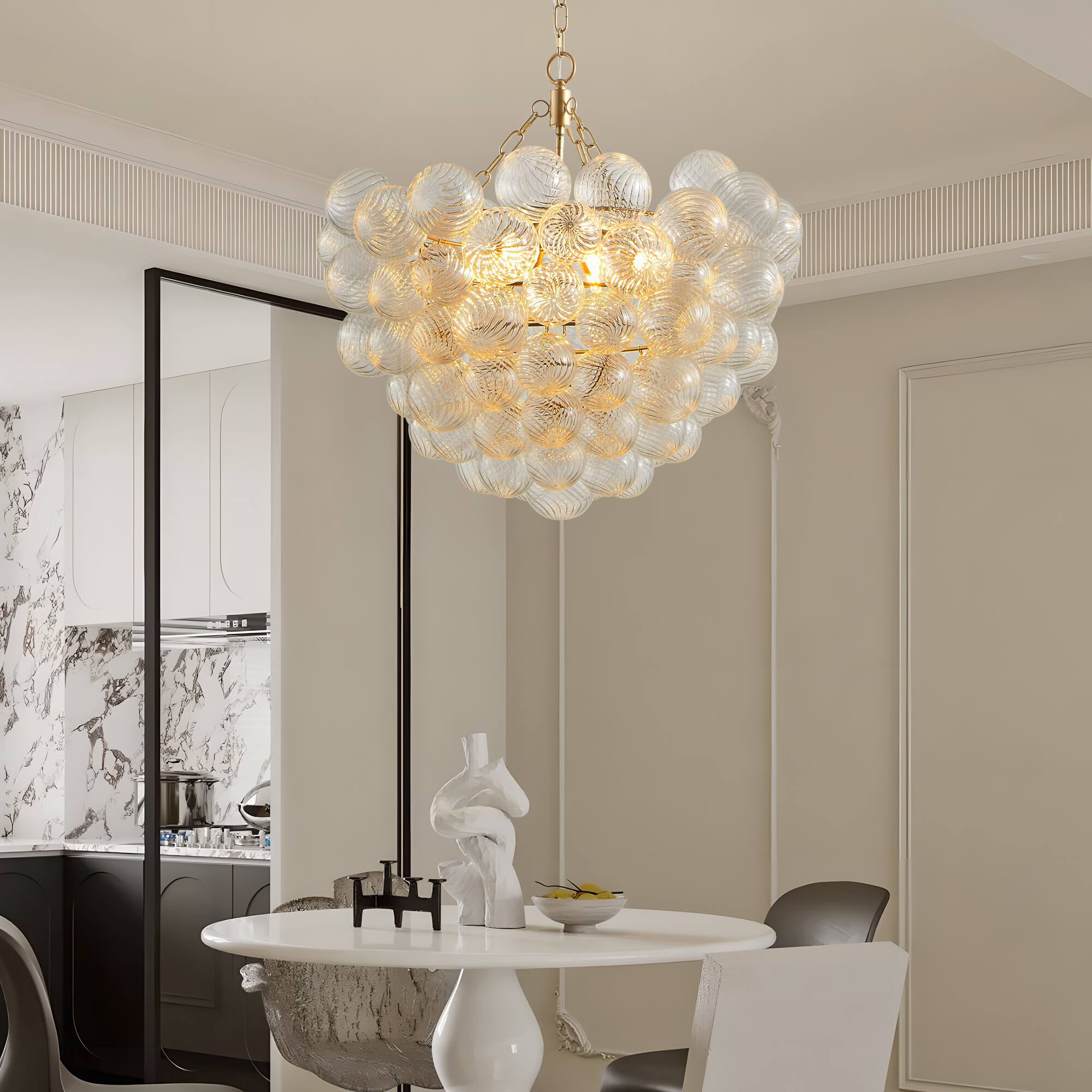 Front. Tiramisubest - 27.5-Inch Gold Pendant Light Chandelier with Threaded Clear Glass Globe Shade – Adjustable Height (No Bulbs) - Gold.