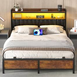 Aheaplus - Upholstered Faux Leather Bed Frame: Charging Station, Adjustable Headboard, LED Lights & Steel Slat Support - Rustic Brown